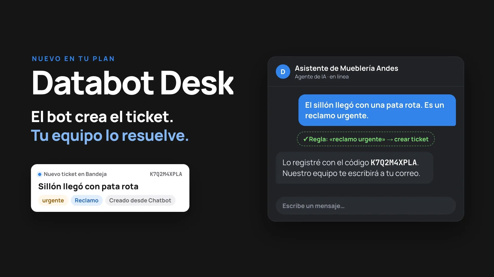 Databot Desk: el bot crea el ticket y tu equipo lo resuelve. Un reclamo urgente por un sillón con la pata rota queda en la bandeja con su código de seguimiento