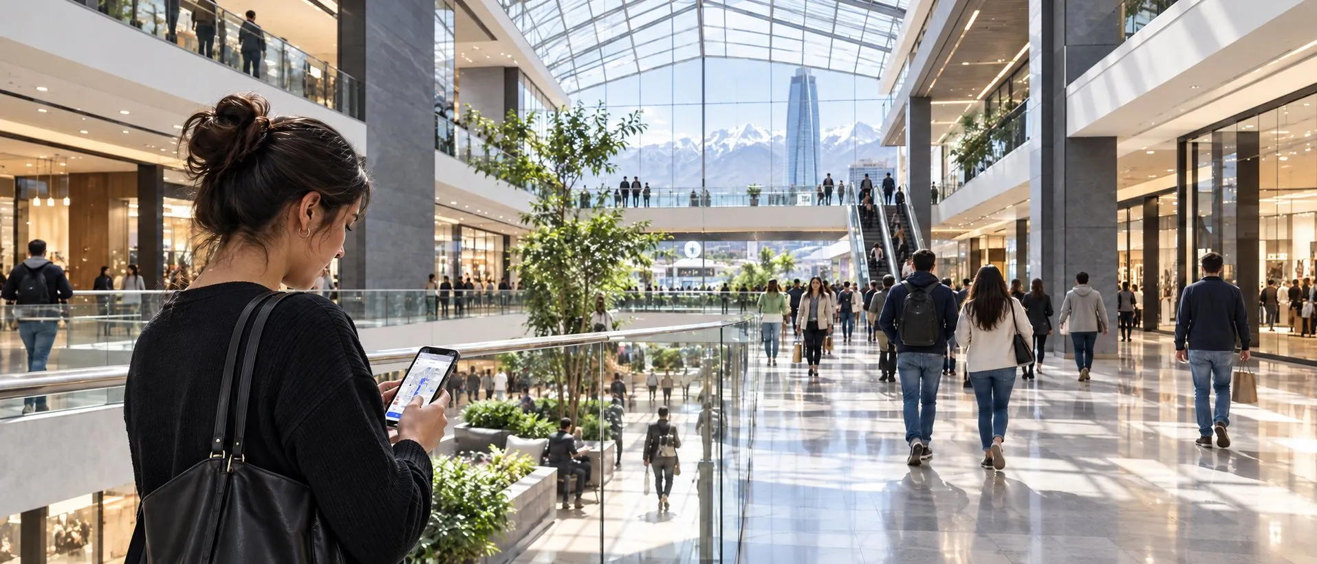 Persona usando su celular en un centro comercial