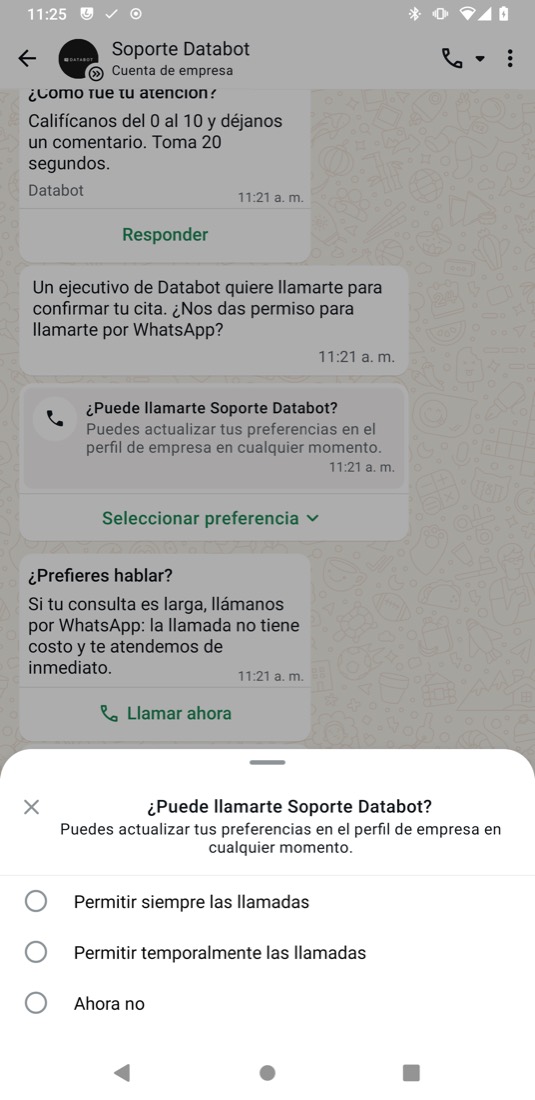 Opciones de permiso de llamada: permitir siempre, temporalmente o ahora no