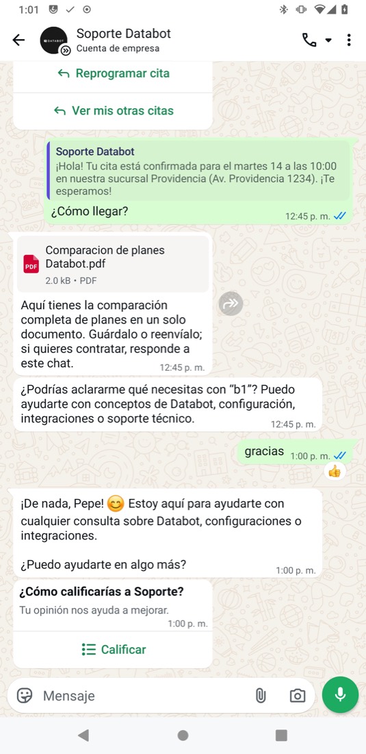 Chat con el mensaje gracias y la reacción del bot debajo