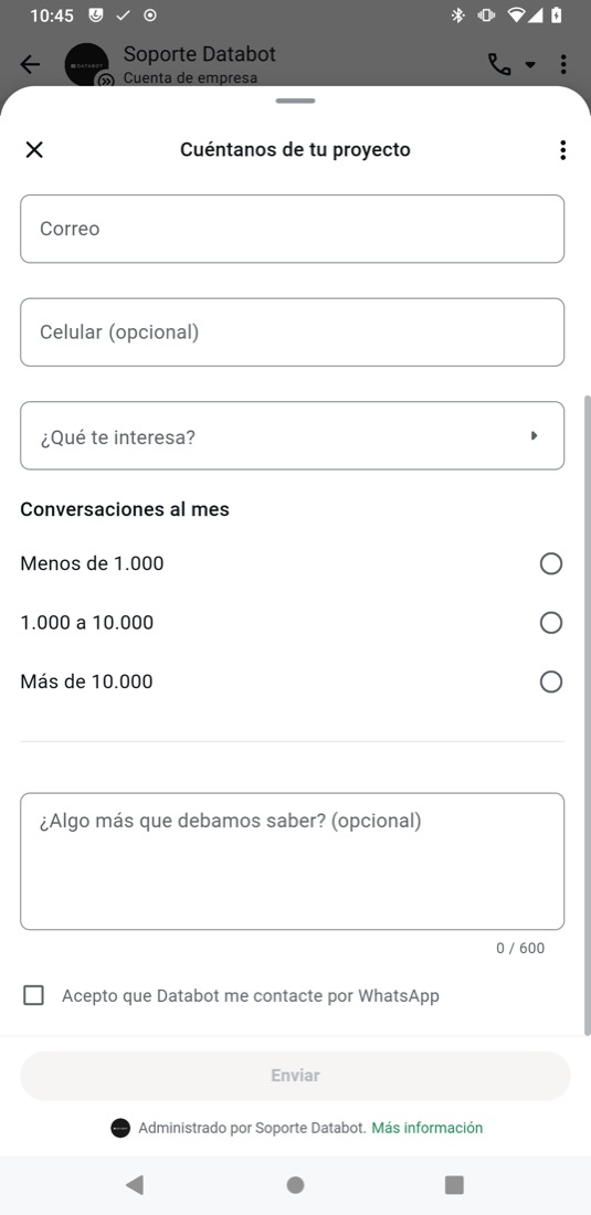 Segunda parte del formulario: comentario, consentimiento y botón Enviar